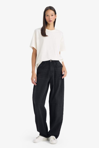 100% Cotton Baggy Fit High Waist Jean Trousers F2960Ax25Wn