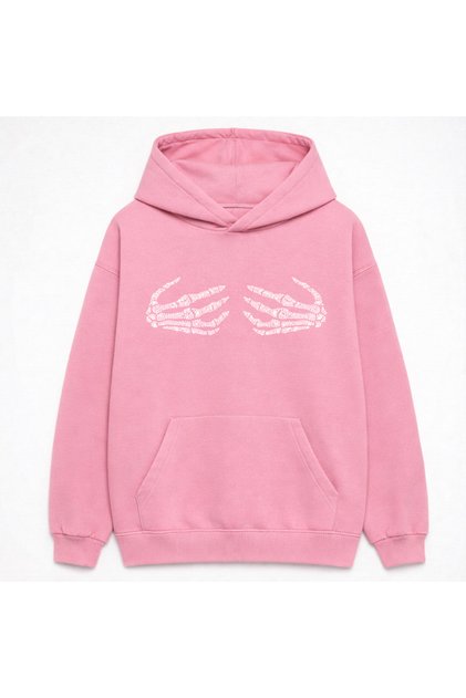 Women's Skeleton Hands Stone Printed 3 Thread Pink Hooded Hoodie Sweatshirt