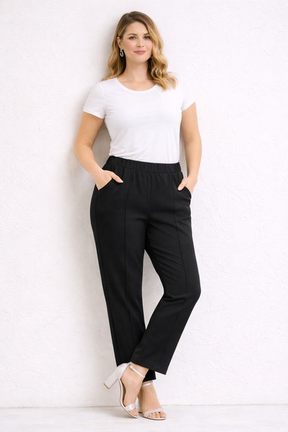 Women's Plus Size Black, High Waist, Elastic Waist, Grass Stitched Pocket Trousers 65N39371