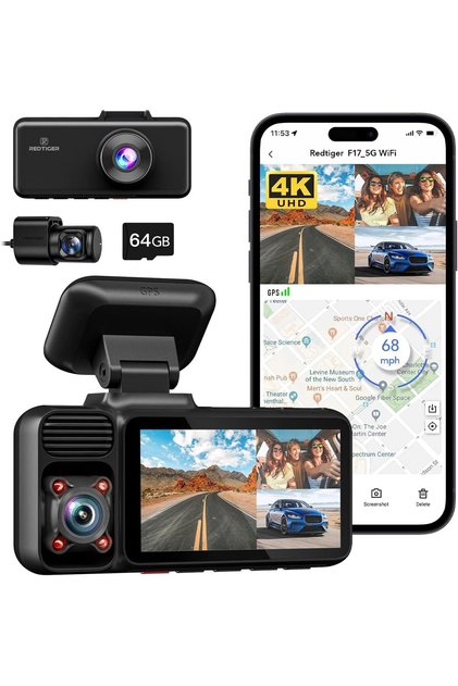 كاميرا سيارة F17 بدقة 4K وثلاث قنوات مع واي فاي 5G مدمج ونظام تحديد المواقع العالمي (GPS)، وبطاقة ذاكرة 64 جيجابايت، ورؤية ليلية