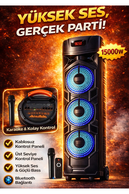 Işıklı Bluetooth Party Box Hoparlör Büyük Boy | Şarjlı, Karaoke, FM Radyolu, Taşınabilir