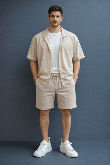 Men's Alaçatı Style Shirt Shorts Wrinkled Oversize Waffle Premium Fabric Relaxed Fit Bottom Top Set