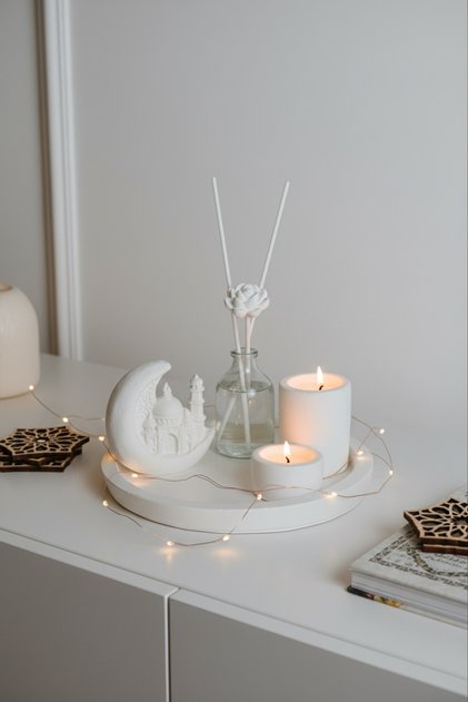 TEPSİ- HİLAL CAMILI DEKOR- JAPON KIRAZI KOKU- 2 ADET SAMDAN TEALIGHT MUMLUK