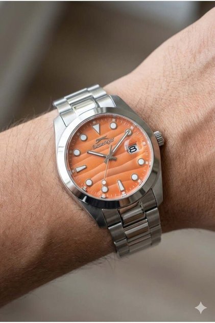 41mm, Lüks Tasarım Erkek Kol Saati | Turuncu Kadran, Gümüş Renk Çelik Kordon, Takvimli M