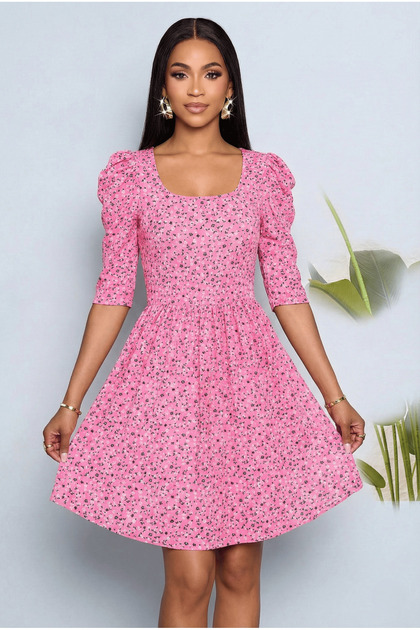 Rochie mini pentru femei, cu decolteu în U, din crep, cu mâneci bufante, cu imprimeu floral, roz