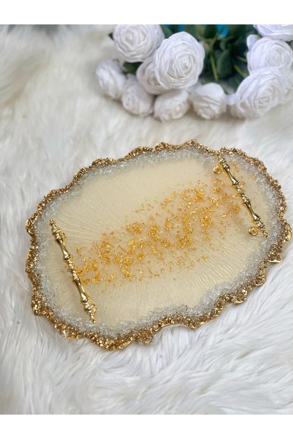 Epoksi Tepsi Sedefli Krem+ Gold nişan tepsisi (20x40)
