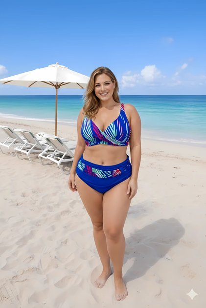 Women's Blue Multi-Colored Large Size Lined Bikini Suit Hzl25S-Lc21202