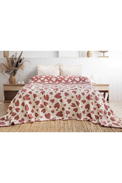Muslin Quilt with Pink Hearts, Single Size, Lover's Quilt, Sofa Cover