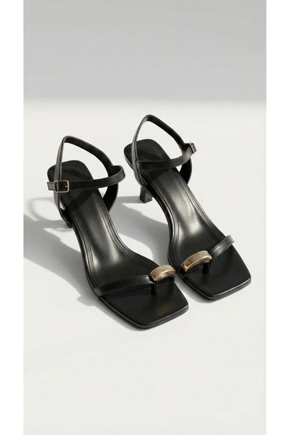 Mirala Gold Accessory Goblet Heeled Sandals Series - Black Leather