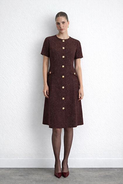 Gusto Waist-Slit Midi Tweed Dress - Burgundy- Trendyol Gusto Waist-Slit Midi Tweed Dress - Burgundy- Trendyol