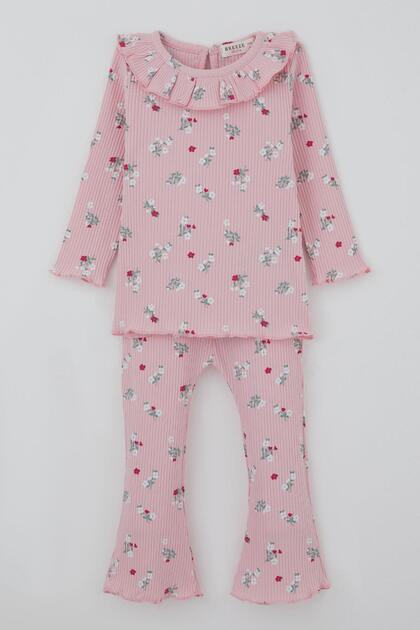 Baby Girl Tights Set with Floral Pattern and Ruffle Detail on the Collar, 6 Months-2 Years, Pink