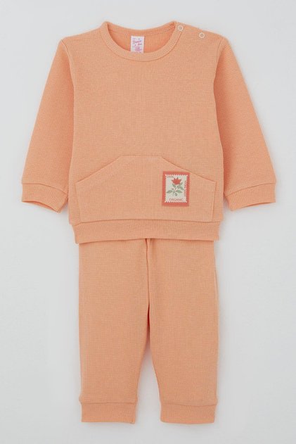 Baby Girl Pajama Set with Shoulder Patches, Floral Print and Embroidery, 4 Months-1 Year, Salmon