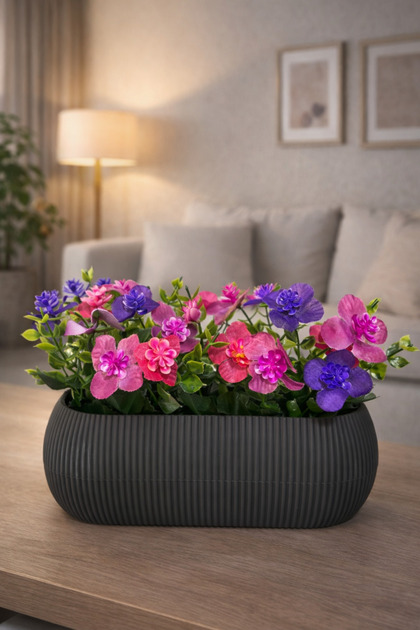 LABURN Dekoratif Yapay Çiçekli Saksı Modern Antrasit Saksıda