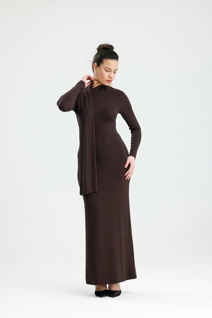 Coffee-Colored Collared Long-Sleeved Dress
