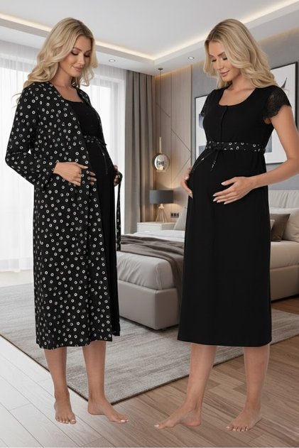 New Season Black Patterned Button Detailed Summer Short Sleeve Cotton Maternity Maternity Dressing Gown Nightgown Set