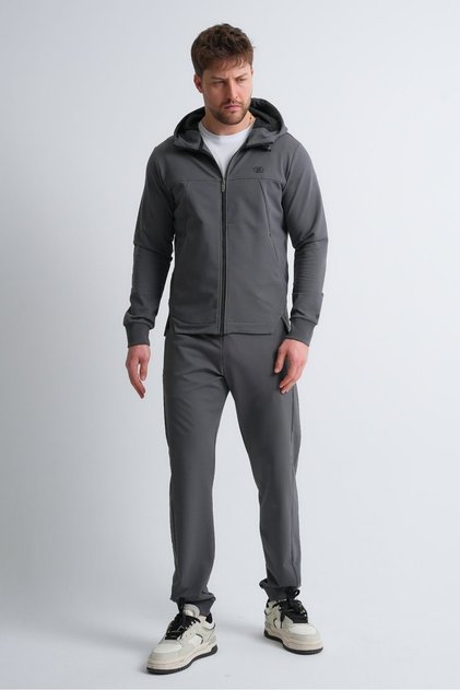 Anthracite Men's Zippered Hooded Tracksuit Set with Hidden Pocket Detail