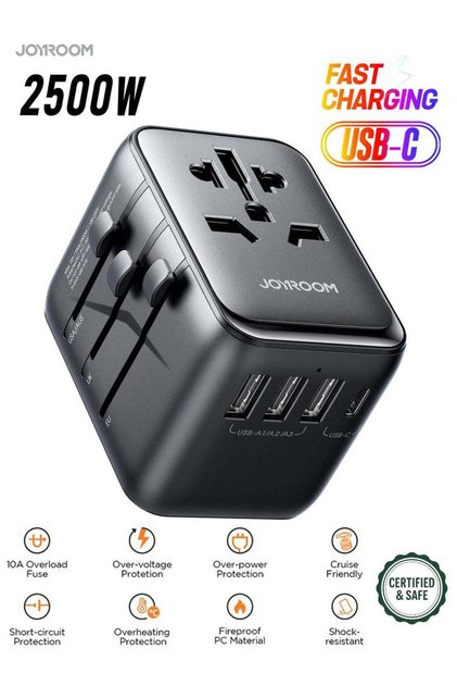 محول سفر عالمي بقوة 17 واط مع شحن سريع عبر منفذ USB-C | شاحن بأربعة منافذ