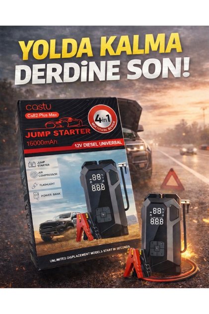 4in1 Akü Takviye Cihazı 16.000mAh | Akım Korumalı + Lastik Şişirme + Fener + Powerbank