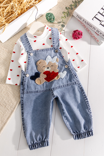 Denim 2-Piece Baby Girl Jeans Overalls with Teddy Bear Figure
