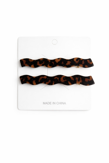 Leopard Patterned Wavy Hair Clip Set - Black and Beige Polka Dot Detailed Acetate Clip