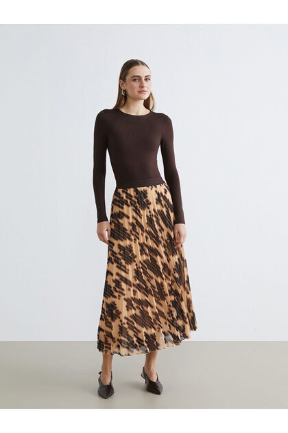Patterned Chiffon Pleated Skirt with Elastic Waist (S6)