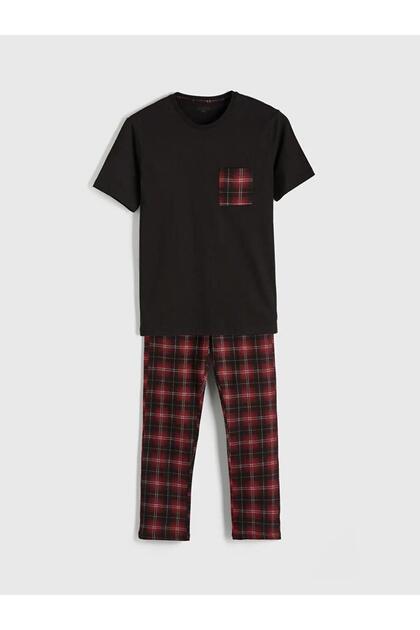 Burgundy Standard Pattern Plaid Printed Men's Pajama Set (S6)