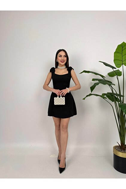 black short dress with thick straps Dresses a square neckline with a small center dip ZYA Marie Thick Strap Mini