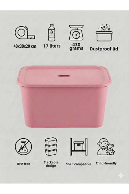 صندوق تخزين وردي متعدد الأغراض بغطاء - منظم للألعاب والأغراض 17 لتر - 40x30x20 سم