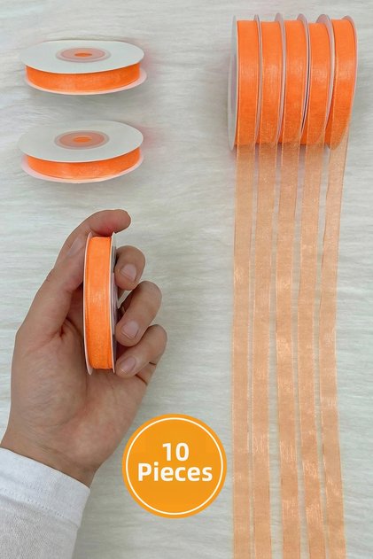10 Pieces of Organza Tulle Ribbon Salmon 1 cm 22 Meters, Bundle, Engagement, Dowry, Gift, Packaging, Decoration, Wedding