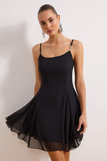 Trendyol Collection Black A-Line Short Chiffon Evening Dress with  Accessories Lined Flight Flight Evening Homecoming Dress Tprss23El00033-  Trendyol
