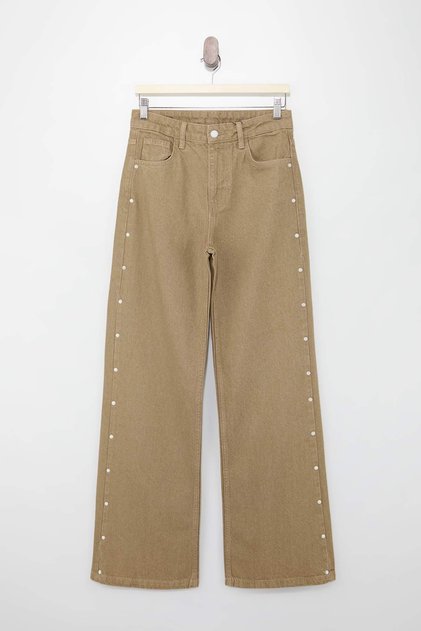 Camel İnci Detaylı Yıkama Efektli Yüksek Bel %100 Pamuk Wide Leg Jeans TWOSS26JE00055