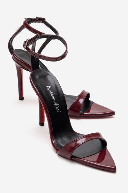 Women's Burgundy Patent Leather Single Strap Pointed Toe Heeled Sandals - Evening Dress Shoes Sanny