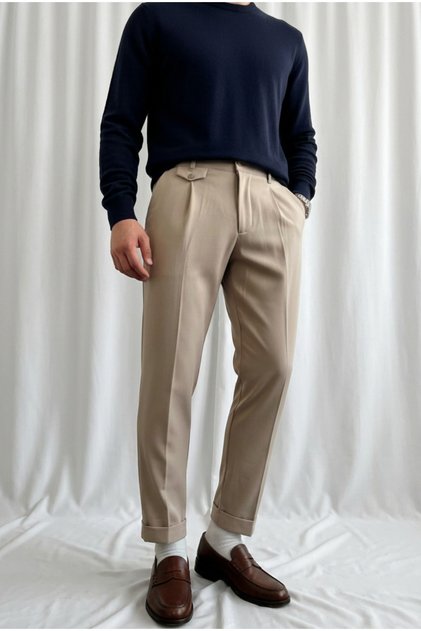 Men's Regular-Fit Premium Old Money Pocket Detailed Double-Cuff Fabric Trousers Cream