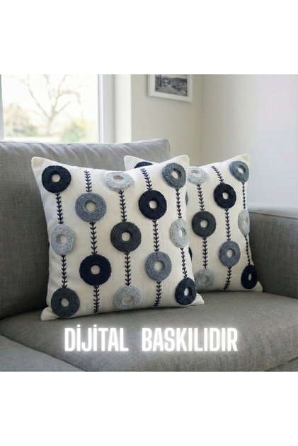 Punch Nakış Desen 3D Dijital Baskılı Yuvarlak Punch Desenli Gri Temalı 2'li Kırlent Kılıfı