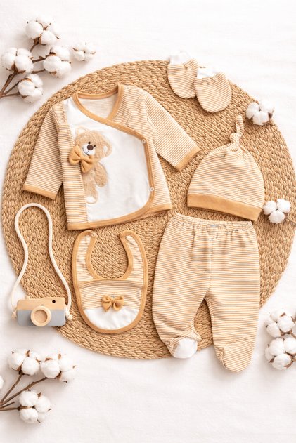 Cute Teddy Bear Patterned 100% Cotton 5 Piece Baby Boy Hospital Discharge Set (Boxed)