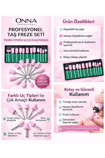 ONNA PROFESSIONAL Taş Freze Seti Manikür Pedikür Tırnak Törpü Uç