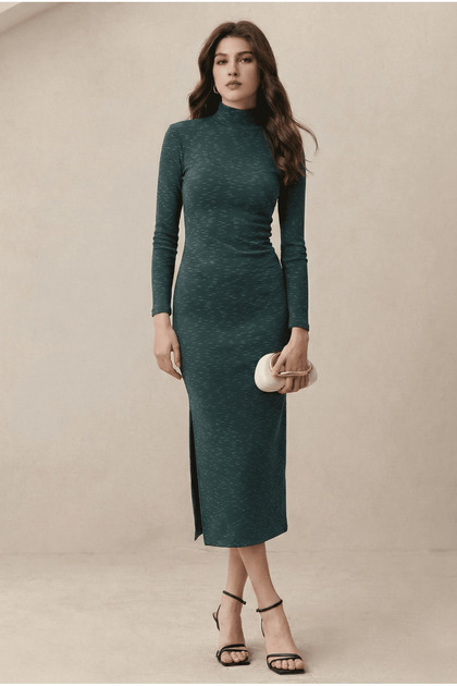Women's Inject Patterned Slit Turtleneck Dress