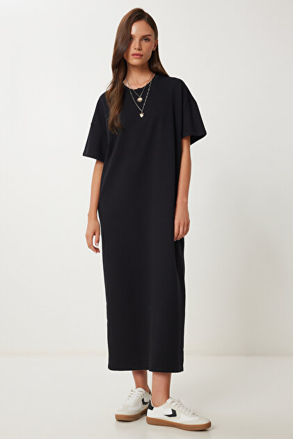 みな minaaise Siyah Üstü Penye Altı Dokuma Oversize Uzun Elbise 27258