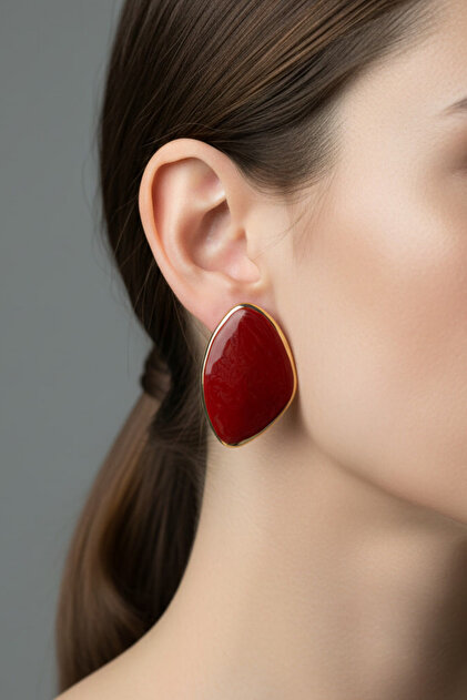 Gold Color Claret Red Enamel Large Earrings (6.7 cm)
