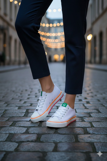 Benetton Bn-30176 Keten Kadın Sneaker Spor Ayakkabı-beyaz-turuncu