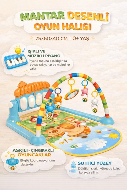 Piyanolu Mantar Desenli Bebek Oyun Halısı – 0+ Ay, Hayvan Figürlü Işıklı ve Müzikli Gelişim Matı ve