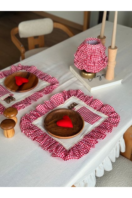 6-Piece Mia Pocketed Raw Linen Checkered Ruffle Detailed American Tablecloth/Placemat