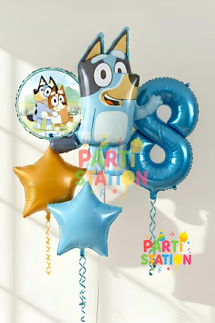 Bluey Themed 8-Year-Old Foil Balloon Set – Birthday Party Decoration with Number Balloons