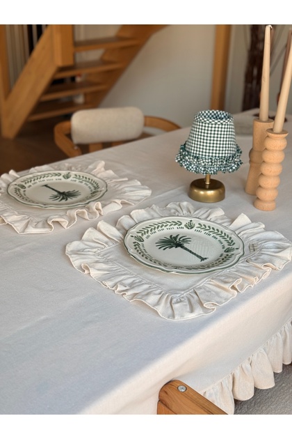 2-Piece Natural Raw Linen Rectangular American Placemat/Placemat with Ruffle Detail
