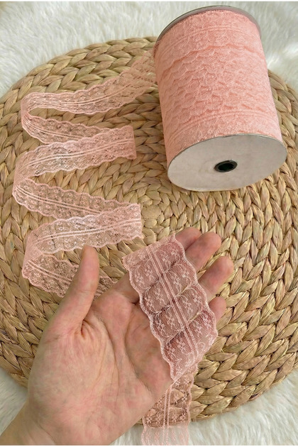 10 Mt Çift Katlı Dantel Kurdele Somon Pembe Fisto, Bohça, Nişan, Çeyiz, Nikah, Hediye, Şeker Süsleme