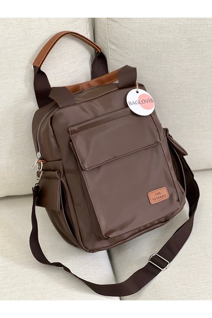 Brown Women's Backpack with Side and Front Pocket Details