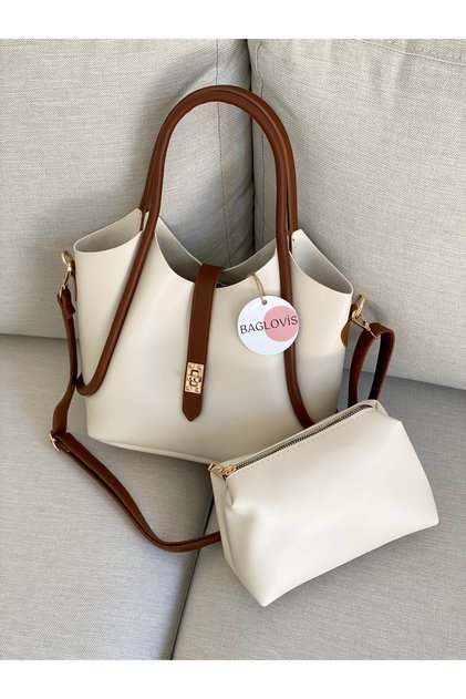 Women's Colored Cream Shoulder Bag with Front Lock Detail and Extra Pouch