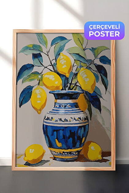 Zestia Çerçevesiz Poster, Limonlu Vazo – Canlı Renkler, Mutfak