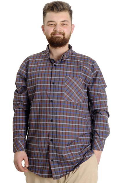 Mode XL Large Size Men's Shirt Plaid Long Sleeve 23300 Khaki
