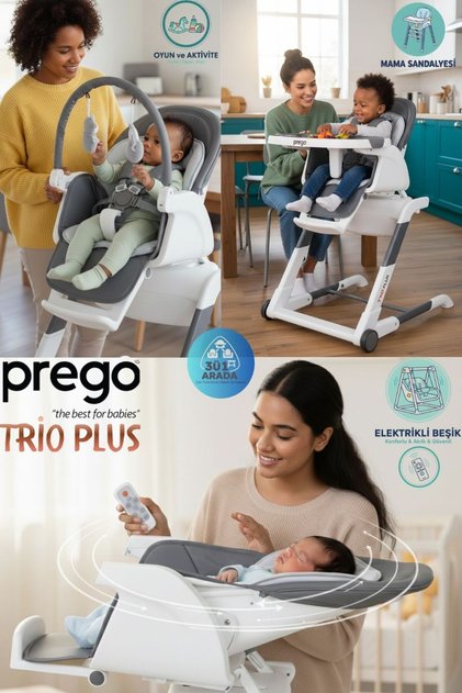 Trio Plus 3'ü 1 Arada Mama Sandalyesi - Yatırılabilir Sırt Ayarlı ve Tekerlekli Lüks Yemek Koltuğu
